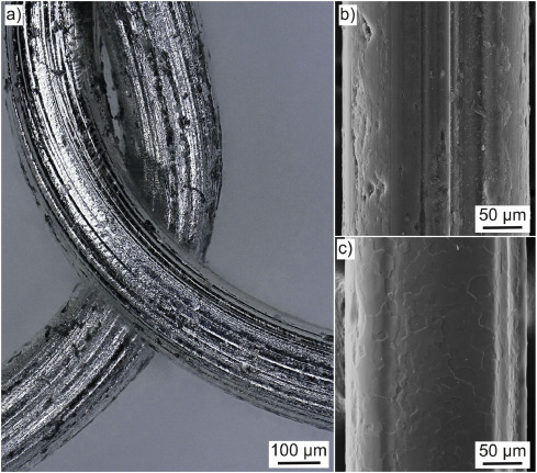 Fig. 1. a) 3D light microscope image of as-extruded 250 µm Mg-0.4Zn wire b) SEM comparison of the ultra-pure Mg cleaned in acetone and c) cleaned via Nital pickling.